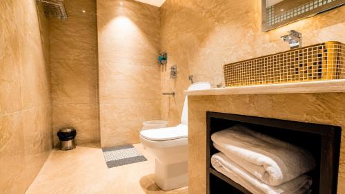 a bathroom with a toilet and a fireplace at Hotel Jewels at Rajpur Road in Dehradun