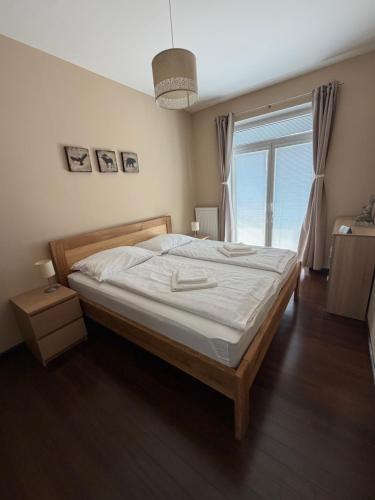 a bedroom with a bed and a large window at Moser Apartment Carlsbad in Karlovy Vary