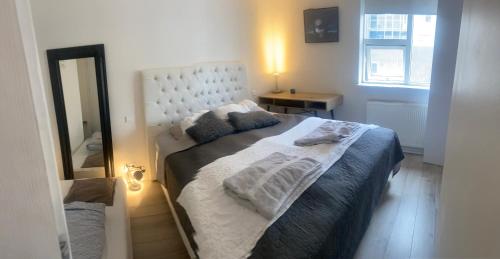 a bedroom with a bed and a mirror in it at Friggjarbrunnur shared home in Reykjavík