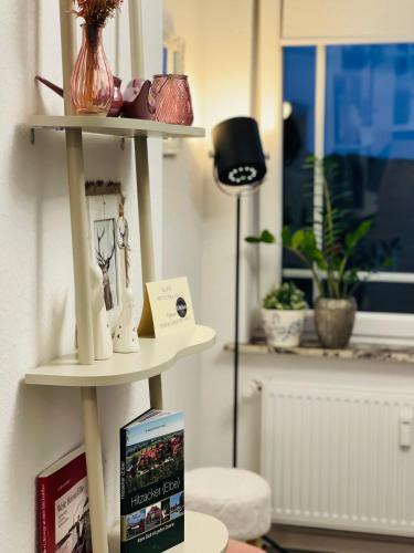 ein Regal mit einem Buch darauf in einem Raum in der Unterkunft ElbZeit in Hitzacker