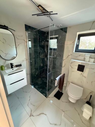 a white bathroom with a shower and a toilet at Stodoła Nad Dunajcem in Sromowce Wyżne