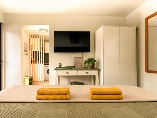 a living room with a bed with two pillows on it at Sunset Terrace Studio - Ocean View - Top Floor in Buenavista del Norte