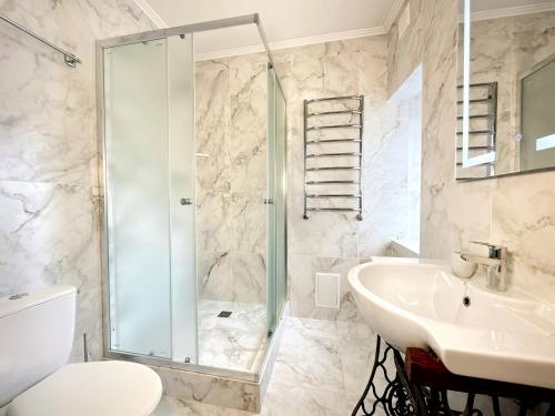 a bathroom with a shower and a toilet and a sink at Hotel Plazma in Lviv