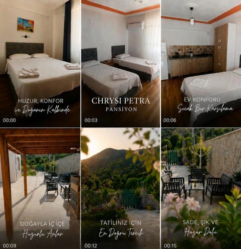 a collage of four pictures of a hotel room at Gökçeada Chrysi Petra pansiyon in Gokceada Town