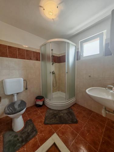 a bathroom with a shower and a toilet and a sink at Mikulin Apartments in Lumbarda
