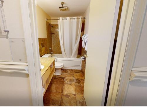 a bathroom with a toilet and a sink and a shower at Surfside On The Lake in Lake George