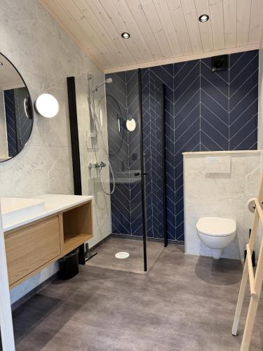 a bathroom with a shower and a sink and a toilet at Femund Canoe Camp in Drevsjø