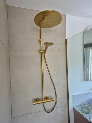 a shower in a bathroom with a shower head at Maison H - Logement de luxe avec jacuzzi privé et home cinéma immersif in Herstal