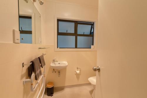 a bathroom with a sink and a toilet and a window at Geraldine Motels in Geraldine
