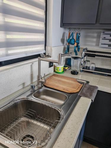 a kitchen sink with a wooden cutting board in it at La Parada House 25 in Concepción