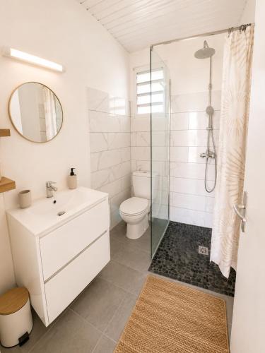 a bathroom with a toilet and a sink and a shower at Les Cocons des Alizés in Sainte-Anne