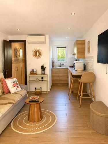 a living room with a couch and a kitchen at Studio cosy a 500m de la plage in Fréjus