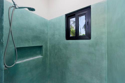 a green bathroom with a shower and a window at Ocean View Studio Near Los Barriles in Buenavista