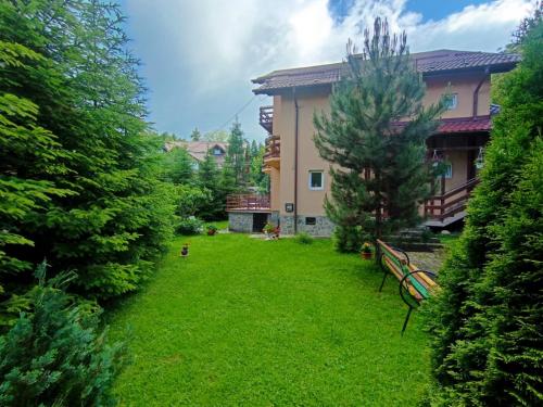 a yard with a bench in front of a house at CASA de VIS in Sinaia