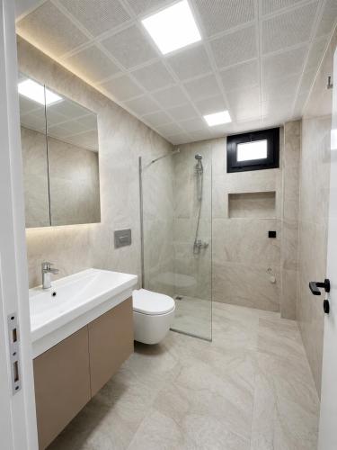 a bathroom with a sink and a toilet and a shower at Doğan Homes Likya in Demre