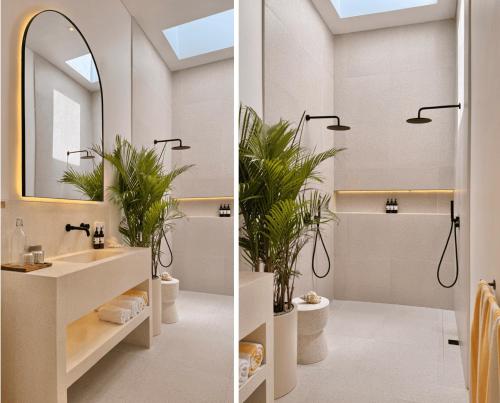 two pictures of a bathroom with a sink and a mirror at The Young Villas - 1 Bedroom Villas, Bingin in Uluwatu