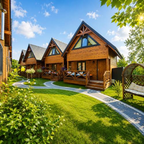 a log home with a pathway in the yard at Osada Międzywodzie in Międzywodzie