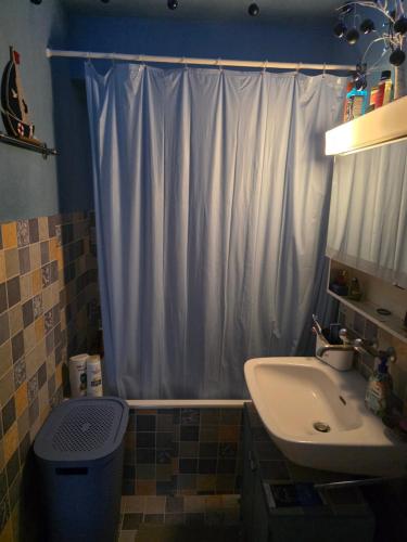 a bathroom with a white shower curtain and a sink at Gemütliches Zimmer in ruhiger Umgebung in Privatwohnung in Lyss
