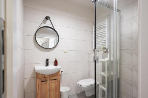 a bathroom with a sink and a mirror and a toilet at S-HE Space - Budget Micro Rooms Kraków in Krakow