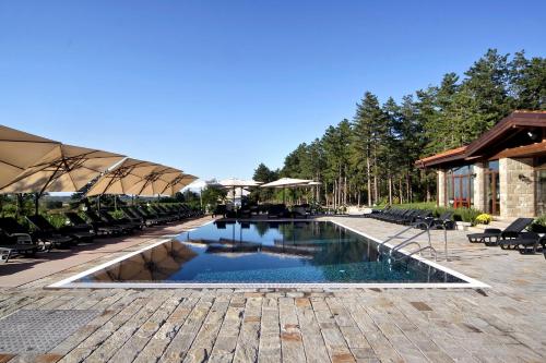 una piscina con sillas y sombrillas en un complejo en Esterra Vini Guest House, en Perushtitsa