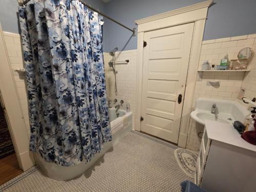 a bathroom with a shower curtain and a sink at Delano Bed and Breakfast in Wichita