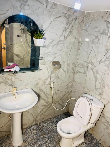 a bathroom with a white toilet and a sink at Lakeside Haven Resort in Habarana