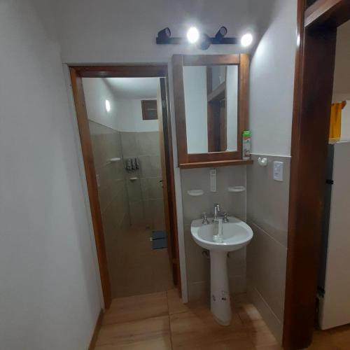 a bathroom with a sink and a shower and a mirror at Complejo Cerro Morado in Villa Unión