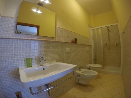a bathroom with a sink and a toilet and a mirror at Agriturismo Eucaliptus in Bolgheri
