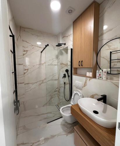 a bathroom with a shower and a toilet and a sink at Miris Mora in Rafailovici
