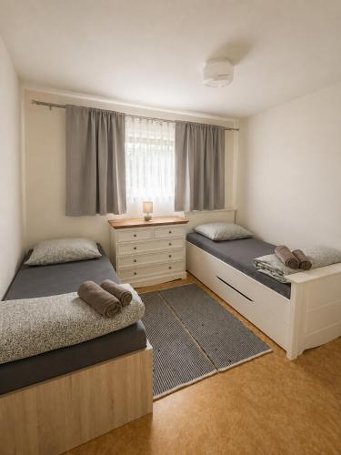 a bedroom with two beds and a desk and a window at Ubytování ve vinici in Hustopeče