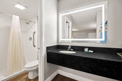 a bathroom with a sink and a toilet and a mirror at Quality Inn near Blue Spring in Orange City
