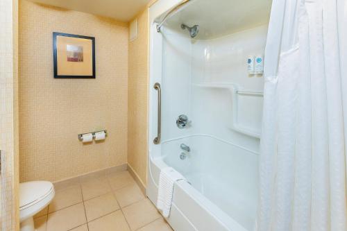 a bathroom with a shower and a toilet at Comfort Inn & Suites in Kincardine