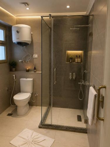 a bathroom with a shower and a toilet at Nile View Plaza Hotel in Cairo