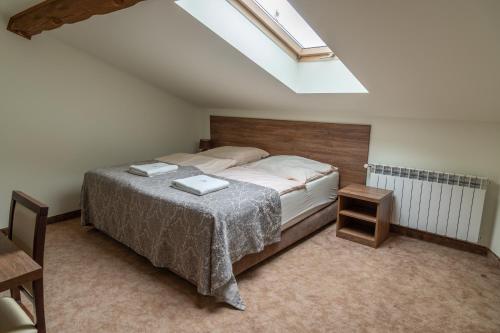 a bedroom with a bed and a skylight at Natura Park in Baligród