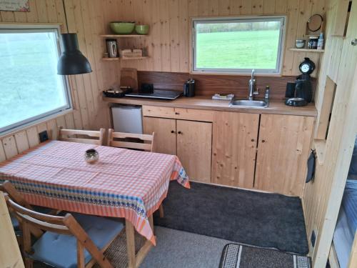 a small kitchen with a table and a sink at Tiny House in Münster
