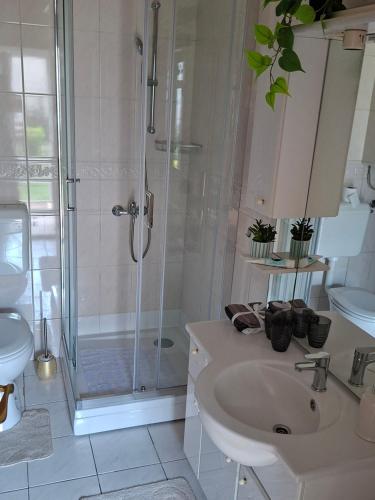 a white bathroom with a shower and a sink at Apartman BECKER in Đakovo