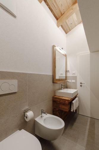 a bathroom with a sink and a toilet and a mirror at Appartamento Sas Ciapel con biosaun in Arabba