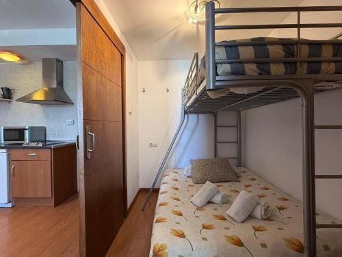 a bedroom with a bunk bed and a kitchen at APARTAMENTOS INFINITY in Sierra Nevada