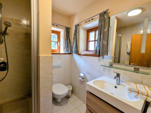 a bathroom with a sink and a toilet at Ferienwohnung Rösslstube in Ruhpolding