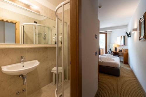 a bathroom with a sink and a shower and a bed at Royal Olympic Hotel in Pinzolo