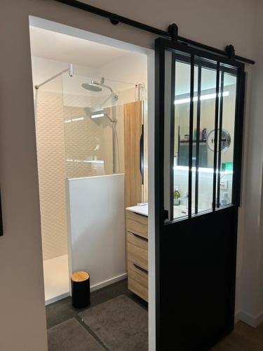 a bathroom with a shower and a black door at Villa la Rabassa in Lauris