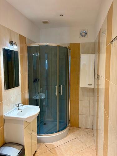 a bathroom with a shower and a sink at Róża Wiatrów in Sztutowo