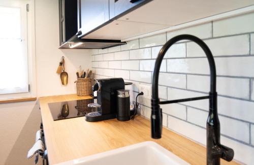 a kitchen counter top with a sink and a kitchen counter top with a sink at Chalet Bergblick in Wildhaus