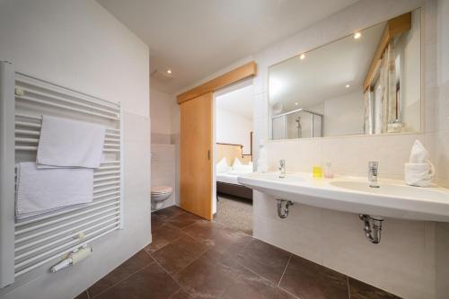 a bathroom with a sink and a mirror and a toilet at Appartement Alpin in Sölden