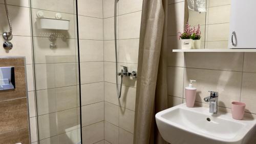 a bathroom with a shower and a sink at Neo3 in Veliko Gradište
