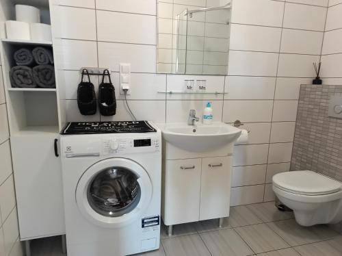 a small bathroom with a washing machine and a sink at Baltic Sea in Jastarnia