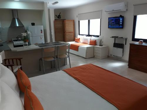 a kitchen and living room with a bed in a room at Apart Avenida in Concordia