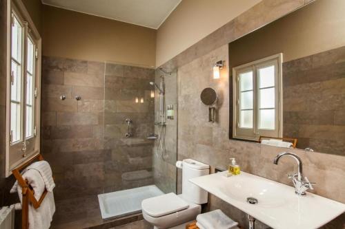 a bathroom with a toilet and a sink and a shower at L’Hort de Sant Cebrià in Torroella de Fluviá