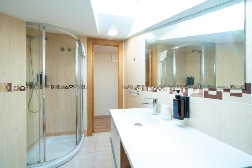 a bathroom with a shower and a sink and a mirror at Apartamentos GO - Simancas in Simancas