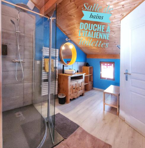 a bathroom with a shower and a vanity and a sink at Chambre d'hôtes à la Chèvrerie de Saint Michel in Beaune
